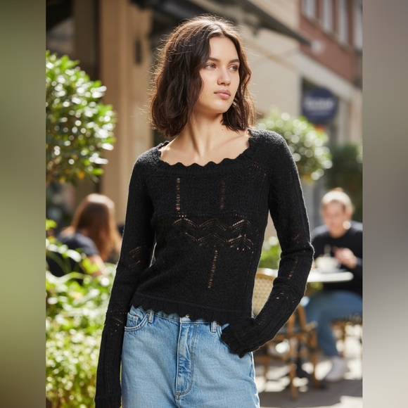 NWT All Saints Vanessa Black Alpaca Blend Pointelle Knit Sweater Black Sz M - Picture 6 of 16